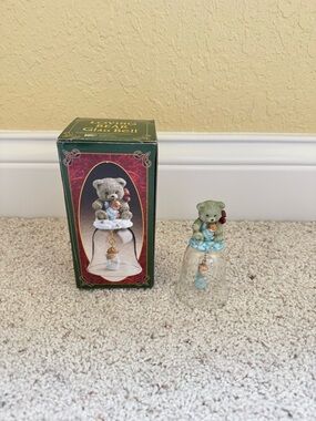 Bear Glass Bell with Floral Accent - Cream & Blue